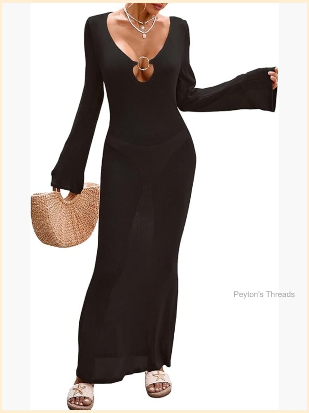 Crochet Cover Up Maxi Beach Dress Long Bell Sleeve V-Neck Sheer Swimwear